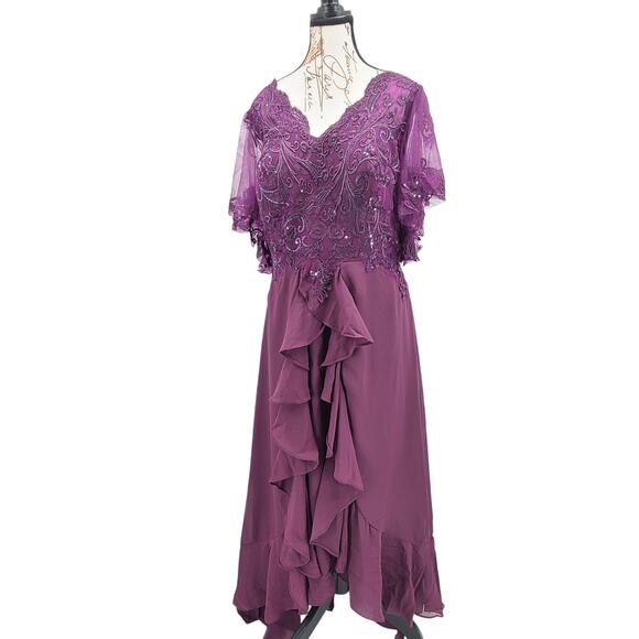 Mother of the Bride Asymmetrical formal Gown Embroidered floral bodice Size 16W - Picture 2 of 16